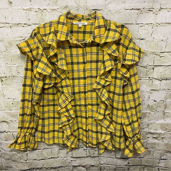 Jealous Tomato Tops - Jealous Tomato Yellow Blue Plaid Cotton Ruffle Button Up Top